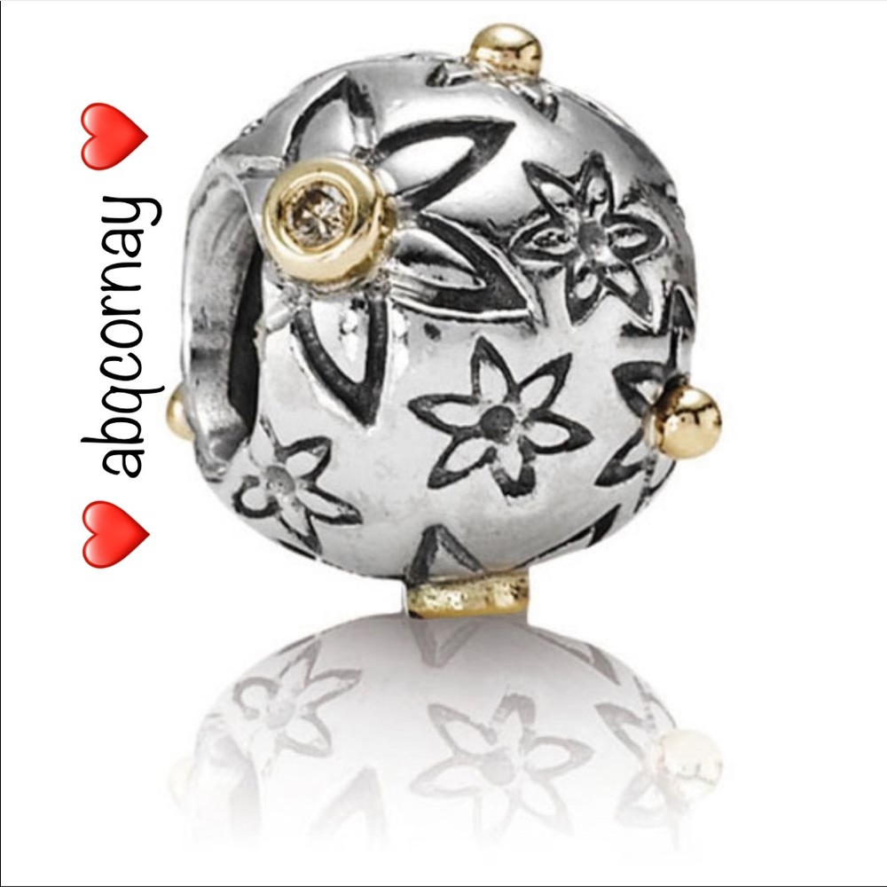 EUC Pandora 790399DN Silver & 14k Gold Flower Power Bead w/ Diamonds - VERY RARE